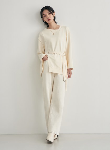 不規則剪裁腰帶長版衛衣